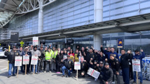 Joint Council 7 Teamsters and labor allies rallied with Flying Foods Teamsters on their picket line at San Francisco Airport.